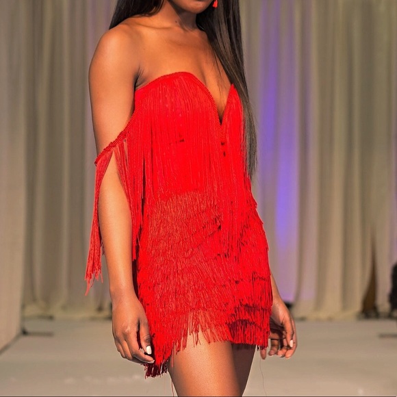 Customized Red Fringe Tassel Dress - Picture 4 of 5